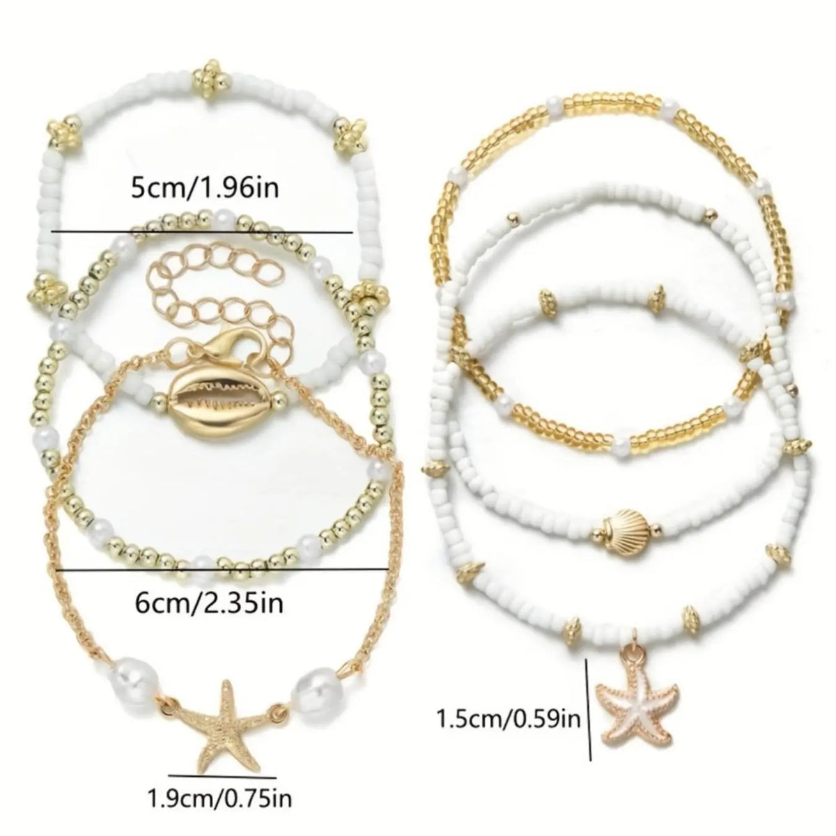 6 Pcs Bohemian Beach Style Enamel Starfish Rice Bead Anklets, Multi-layered Shell Beaded Jewelry Anklets for Casual and Vacation Wear, Boho Anklet