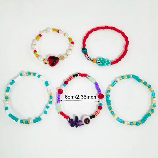 5 Pcs Women's Bohemian Ceramic Fish Heart Bead Bracelets, Summer Jewelry, beaded bracelet, Casual Plain Design, Random Colors, Perfect for Daily Wear & Vacation