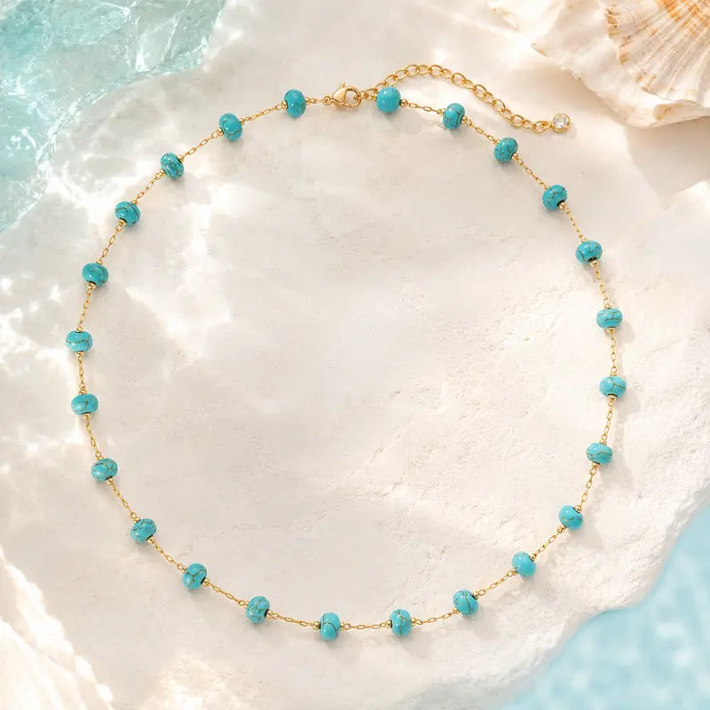 Women's  Handmade Brass (Copper Base) Turquoise Beaded Choker Necklace - Gold-Plated for Luxe Look Boho Southwestern Jewelry, Adjustable Comfort-Fit Female Accessory, Summer Beach Gift for Women