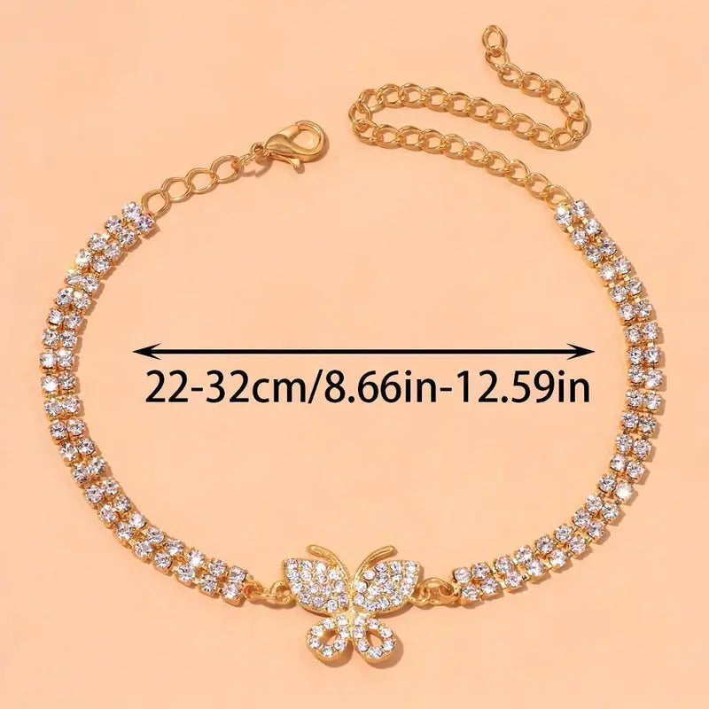 Fashionable Luxury Rhinestone Jewelry, Full-Drill Butterfly Anklet with Claw Chain and Soldered Setting, Women's Accessory Gift