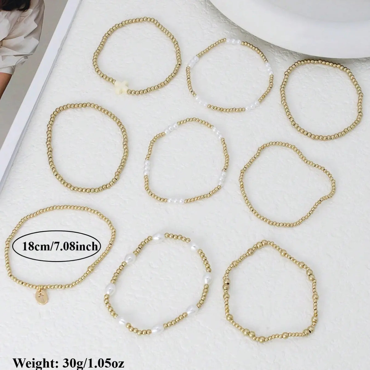 9-Piece Fashion Cross Pendant Artificial Pearl CCB Beaded Bracelets, Elastic Bracelet Set, Stacked Design Bracelets, Women's Layered Stacking Bracelets for Daily Wear