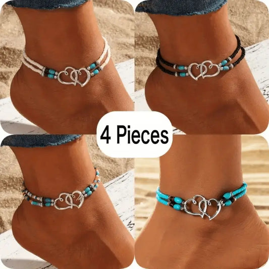 Women's 4-Pack Stackable Vintage Earthy Retro Seed Bead Anklets - Stretch Adjustable Foot Jewelry, Hollow Double Heart Charm, Multi-Color Lightweight, for Birthday, Tetherball Lawn Games (Yes, No Yoga Note)