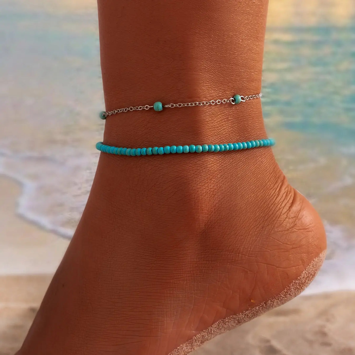 Bohemian Multi-Layer Beaded Turquoise Anklet Set, Summer Beach Style Casual Ankle Bracelets, Beach Anklets, Boho Anklet, Boho Style Jewelry, Iron Material, All Seasons