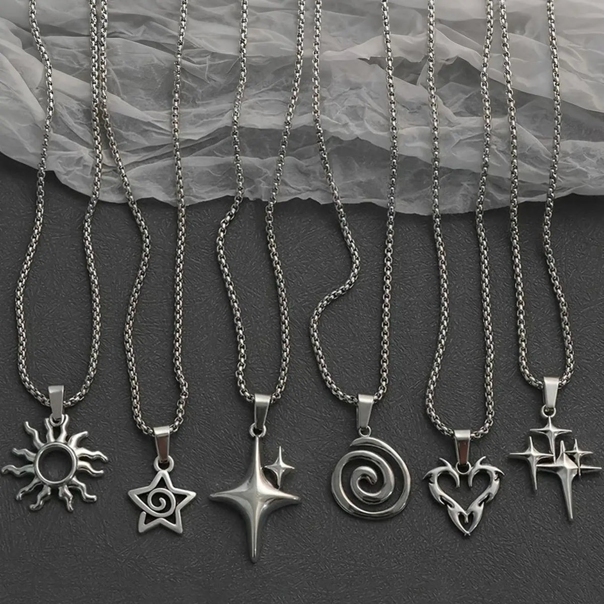 6 Pcs Retro Y2K Spiral Hollow Star Sun Pendant Stainless Steel Necklace Set, Minimalist Punk Unisex Couple Jewelry, Versatile Design, Punk Style Necklace