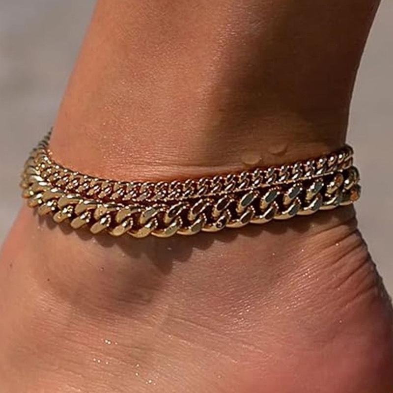Double-layer thick and thin Cuban chain foot chain, European and American beach vacation style foot accessory for women, holiday gift