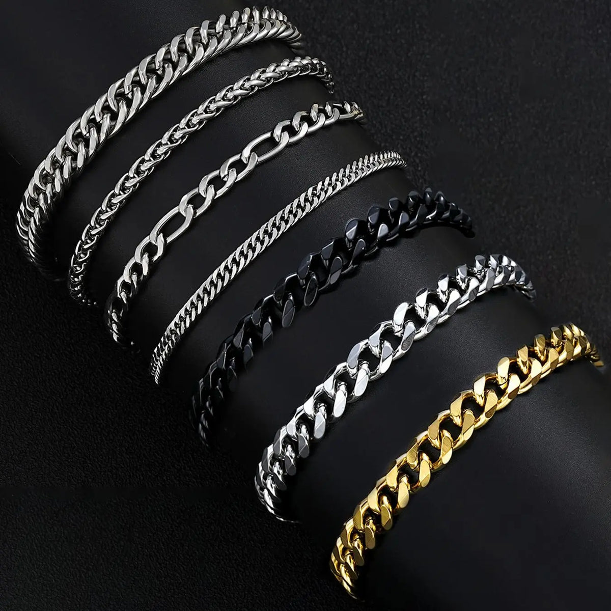 Men's 7-Piece Stainless Steel Link Bracelet Set, Bracelet Jewelry, Fashion Bracelet Bundle, Streetwear Hip-Hop Simple Cuban Chain, Ideal Gift for Boyfriend & Son, Perfect for Daily, Party, Birthday and Father's Day