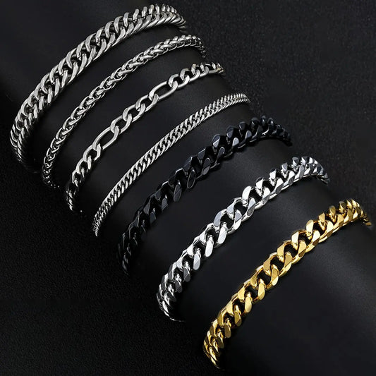 Men's 7-Piece Stainless Steel Link Bracelet Set, Bracelet Jewelry, Fashion Bracelet Bundle, Streetwear Hip-Hop Simple Cuban Chain, Ideal Gift for Boyfriend & Son, Perfect for Daily, Party, Birthday and Father's Day