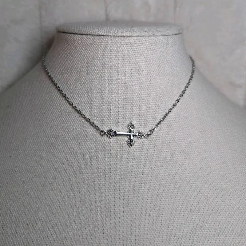 Small Sideways Cross Choker Necklace Silver And Gold