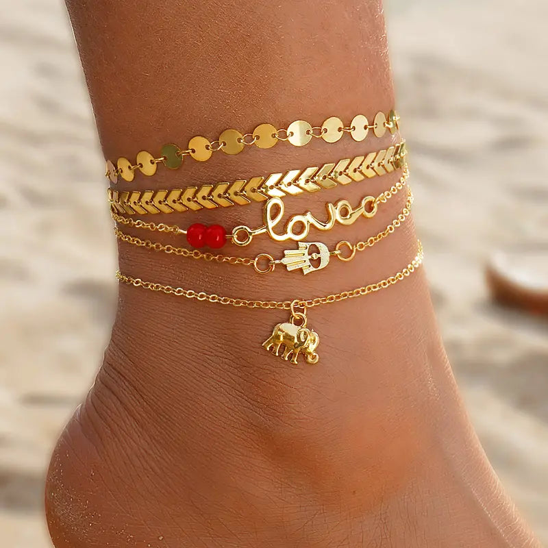 Female Gold-Layered Anklets - Boho Chevron Pattern, Hamsa Hand, Elephant Foot, Geometric, Love Letter Bead Animal Layering Foot Chains for Summer Gifting (Sports & Outdoor Camping & Hiking Hammocks Accessory)
