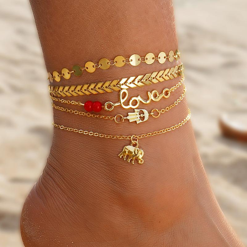 Female Women's Layered Gold Nylon Anklets Set - Retro Coin, Star, Butterfly Heart, Boho Pearl, Infinity Pendant Fashion Chic Accessories, Trendy Wearable Jewelry, Elegant Beach Summer Holiday Gift