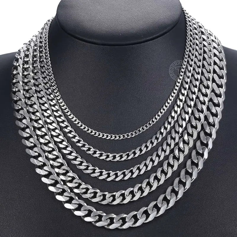 3/5/7/9/11mm Men's Silver Color Necklace Stainless Steel Cuban Link Chain For Mens Womens Basic Chokers 18-30inch Valentine Birthday Gift