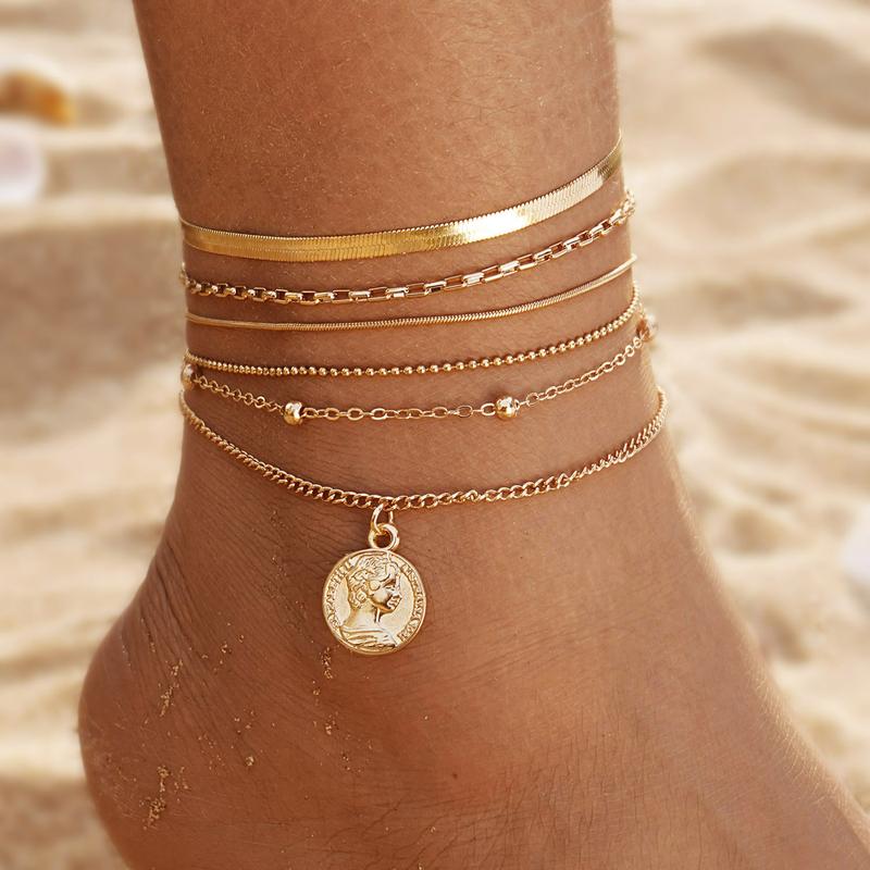 Female Women's Layered Gold Nylon Anklets Set - Retro Coin, Star, Butterfly Heart, Boho Pearl, Infinity Pendant Fashion Chic Accessories, Trendy Wearable Jewelry, Elegant Beach Summer Holiday Gift