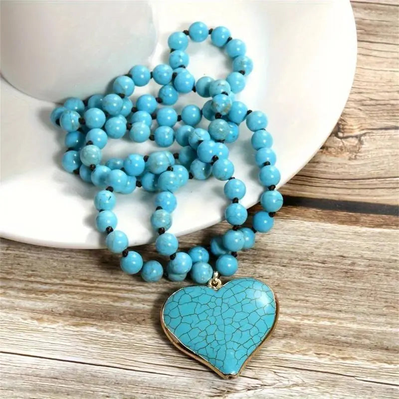 Women's Boho Vintage Turquoise Stone Fashion Necklace - 86-88cm Long Layered Chain, Allergy-Safe Blue Jeweled Pendant, Handmade Coastal Artistic Statement Costume Jewelry, Festival Beach Gift