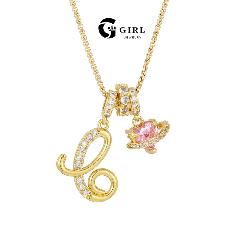 GGIRL Dopamine Alphabet Initial Necklace - 26 English Letter Pendants, Pink Holiday Heart Design, Colorful Initial Necklaces, Fashionable Accessory, Cute Girly Trendy Teen Gifts
