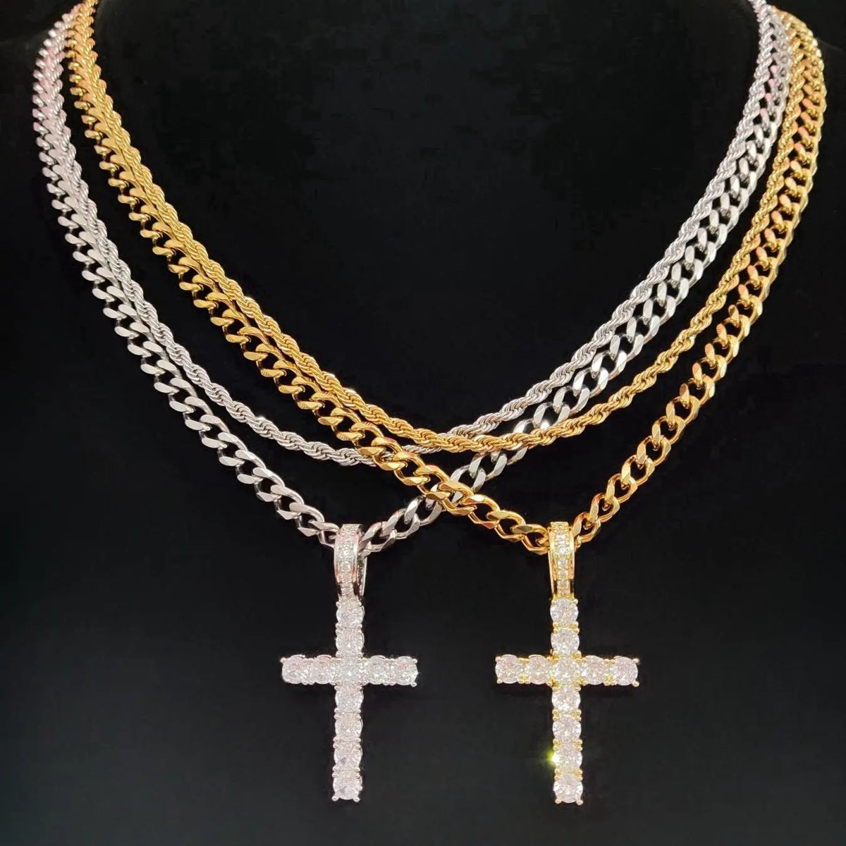 Hip Hop Twist Chain Necklace & Rhinestone Cross Pendant Necklace for Daily Decoration, Stainless Steel Jewelry for Men & Women, Classic Jewelry for Gift