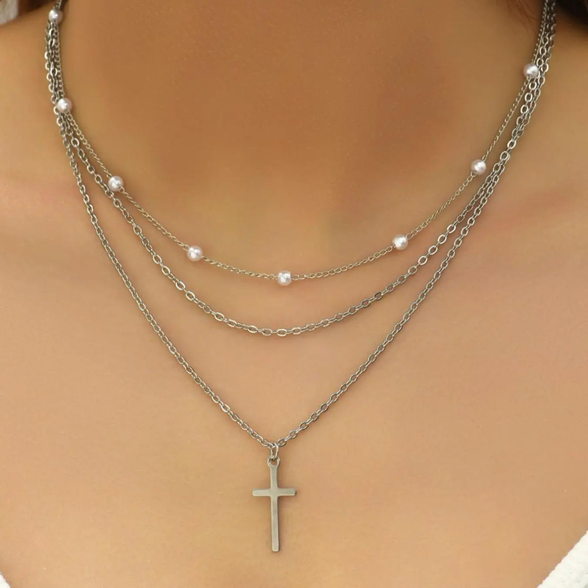 2pcs/set Women's Cross Pendant Necklace, Stainless Steel Chain Necklace, Faux Pearls Decor Layered Necklace, Decorative Necklace, Accessories for Party, Daily Clothing Decor for Girl, Dainty Layering Jewelry, Necklace Gift