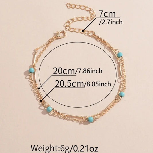 Boho Style Turquoise Texture Beaded Double Layer Design Anklet for Women & Girls, Foot Jewelry, Fashion Jewelry for Beach Party, Daily Clothing Decor, Trendy All-match & Exquisite Jewelry for Birthday Gift, Boho Ankle Bracelet, Accessory