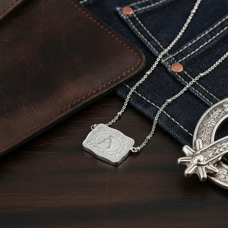 Belt Buckle Retro Initial Letter Pendant Necklace Handmade Fashion Accessory Personalized Letter Necklace CowTag Western Style 18 2 Extender Daily Wear Gifts for Boyfriend Initial Necklace
