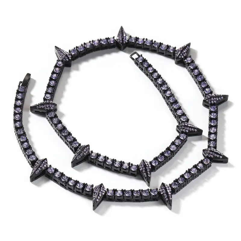 Men's Iced Out Spike Tennis Chain Necklace, Cubic Zirconia Statement Jewelry, Hip Hop Streetwear Punk Style, 18/20/22/24 Inch, Black Silver Gold Pink Blue Black Purple