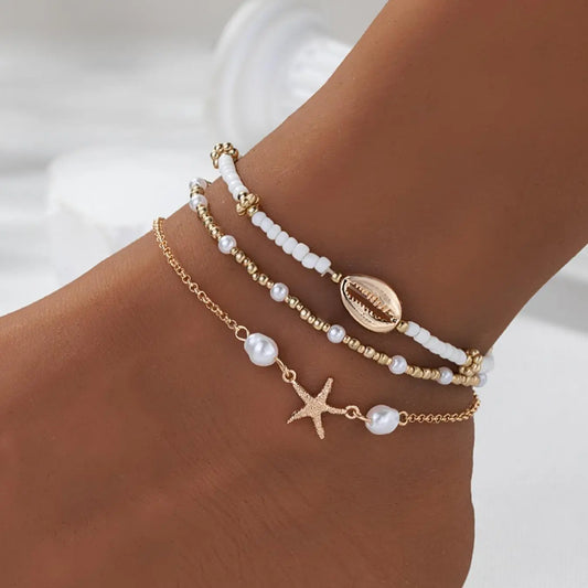 Women's Boho Style Starfish & Shell Decor Anklet, Fashionable Beaded Anklet for Beach Party Vacation, Elegant All-match Fashion Accessories for Daily Wear, Trendy Jewellery Accessories, Trendy Jewelry, Fashionable Accessory