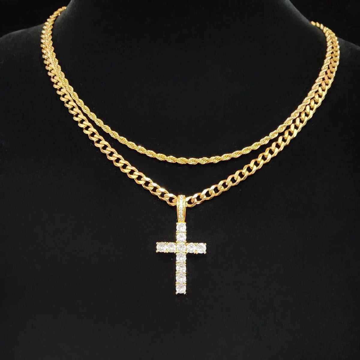 Hip Hop Twist Chain Necklace & Rhinestone Cross Pendant Necklace for Daily Decoration, Stainless Steel Jewelry for Men & Women, Classic Jewelry for Gift