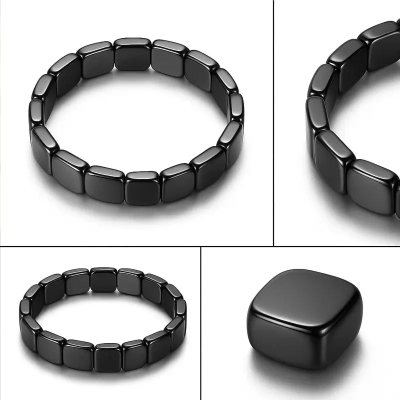 Men's Genuine Natural Polished Hematite Solid Beads Bracelet - Adjustable Stretch Bangle, Understated Shine, Minimalist Male Accessory, High-Quality Grounding Piece for Daily Wear