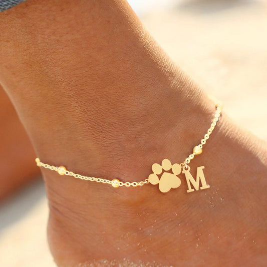 Women's Stainless Steel Anklet, Cute Letter Dog Paw Print Design, All Seasons Fashion Jewelry for Women, Initial Anklet