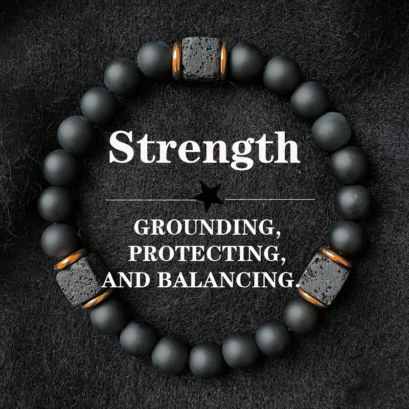 1Pcs Elastic Adjustable Mens Bracelet - 8mm Black Onyx & Lava Stone Beads Bracelets Jewelry  for Men, Beads Charm Bracelet with Elastic Cord, Birthday  for Him Dad Husband gift accessory