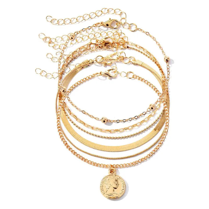 Female Women's Layered Gold Nylon Anklets Set - Retro Coin, Star, Butterfly Heart, Boho Pearl, Infinity Pendant Fashion Chic Accessories, Trendy Wearable Jewelry, Elegant Beach Summer Holiday Gift