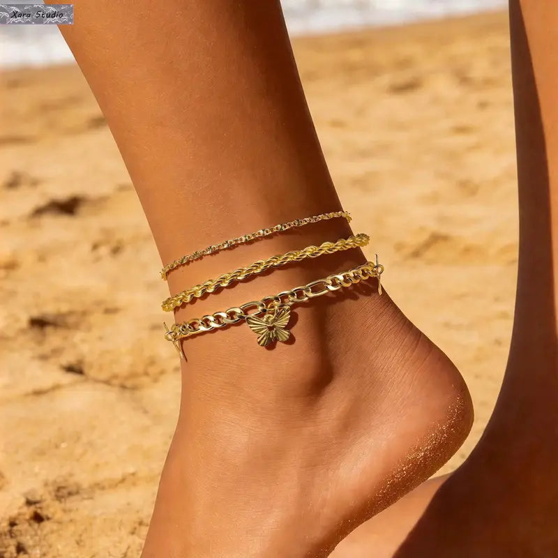 Women's Elegant Gold Layered Cuban Chain Link Anklet Set - Chic Motifs Heart Butterfly, Waterproof Beach Foot Chains, Dainty Stackable Ankle Bracelets, Summer Vacation Gift, Non-Tarnish Female Accessories for Women