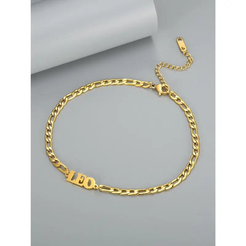 Women's Stainless Steel 12 Constellation Alphabet Letters Initial Anklet - Cuban Chain Ankle Bracelet, Elegant Accessory for Daily Vacation Use