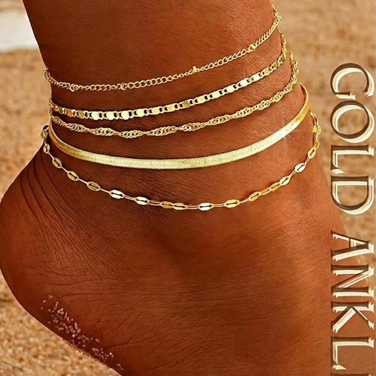 5pcs/set Multilayer Bohemian Style Snake Chain & Lotus Chain Anklet Bracelet Set, Adjustable Summer Beach Trendy Jewelry, Boho Anklet