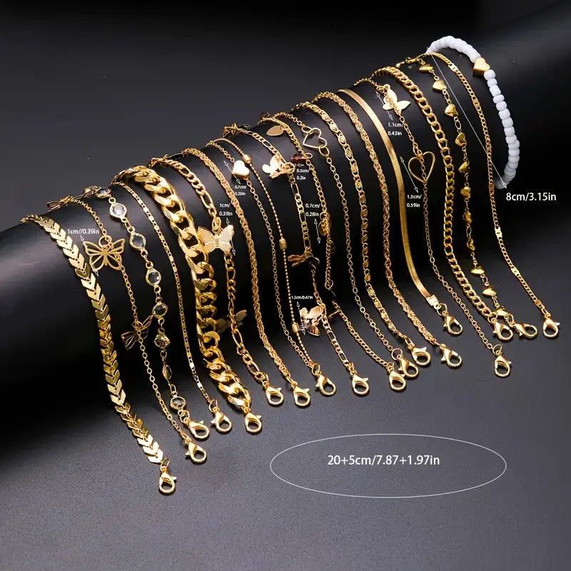 19-piece anklet set, high-quality women's summer beach style heart-shaped rhinestone, butterfly and bead anklet jewelry, suitable for women's beach party date gifts