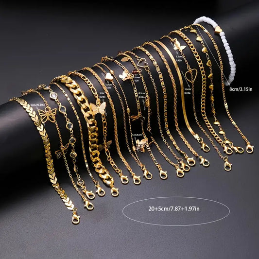 19-piece anklet set, high-quality women's summer beach style heart-shaped rhinestone, butterfly and bead anklet jewelry, suitable for women's beach party date gifts