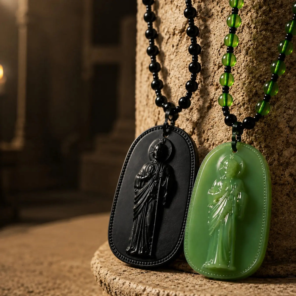 Saint Jude Pendant Necklace, Vintage Guardian Figure Carving Pendant, Gothic Atmosphere Beaded Necklace, Catholic Christian Religious Jewelry，San Judas Tadeo, Collar San Judas, Men's Necklace，Pendants of Jesus and Our Lady of Guadalupe, Catholic