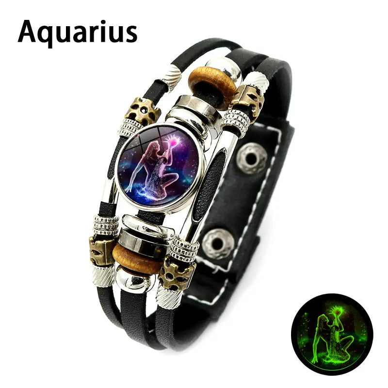 Glow-in-the-Dark 12 Zodiac Signs Leather Bracelet for Women Men 6.9in/8.1in, Glowing Effect Jewelry for Astrology Lovers, Fashion Accessory Jewelry Gift