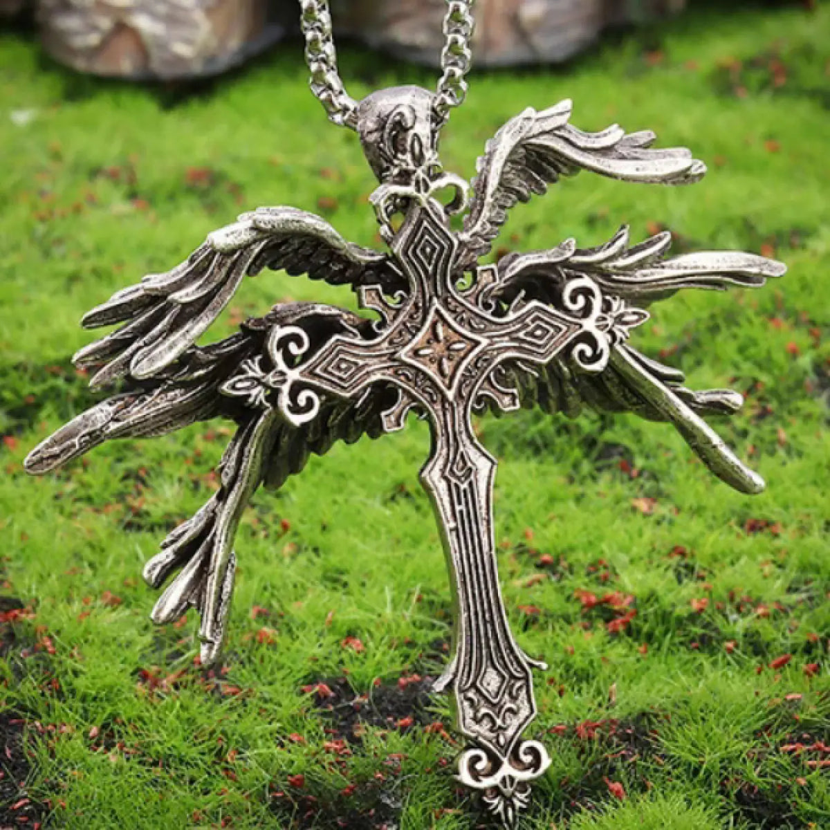 Silver Winged Cross Pendant Necklace, Detailed Pendant Vintage Style Jewelry with Intricate Engraved & Wing Detail, for Men & Women, Daily & Streetwear Occasions, Cross Motifs Necklaces