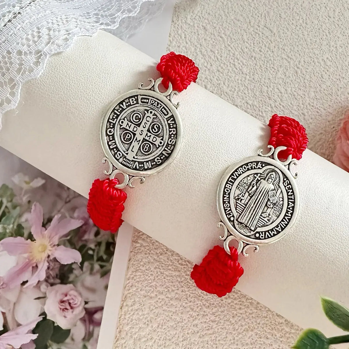 2 Pcs Red St. Benedict Bracelets with Cross Charm and Black Adjustable Cord, Bracelet Sets, Saint Benedict Medal, Catholic Religious Symbolism Jewelry Gift for Men and Women, Religious Wristband, Prayer Bracelet, Exquisite Bracelet, Bracelet Bundle