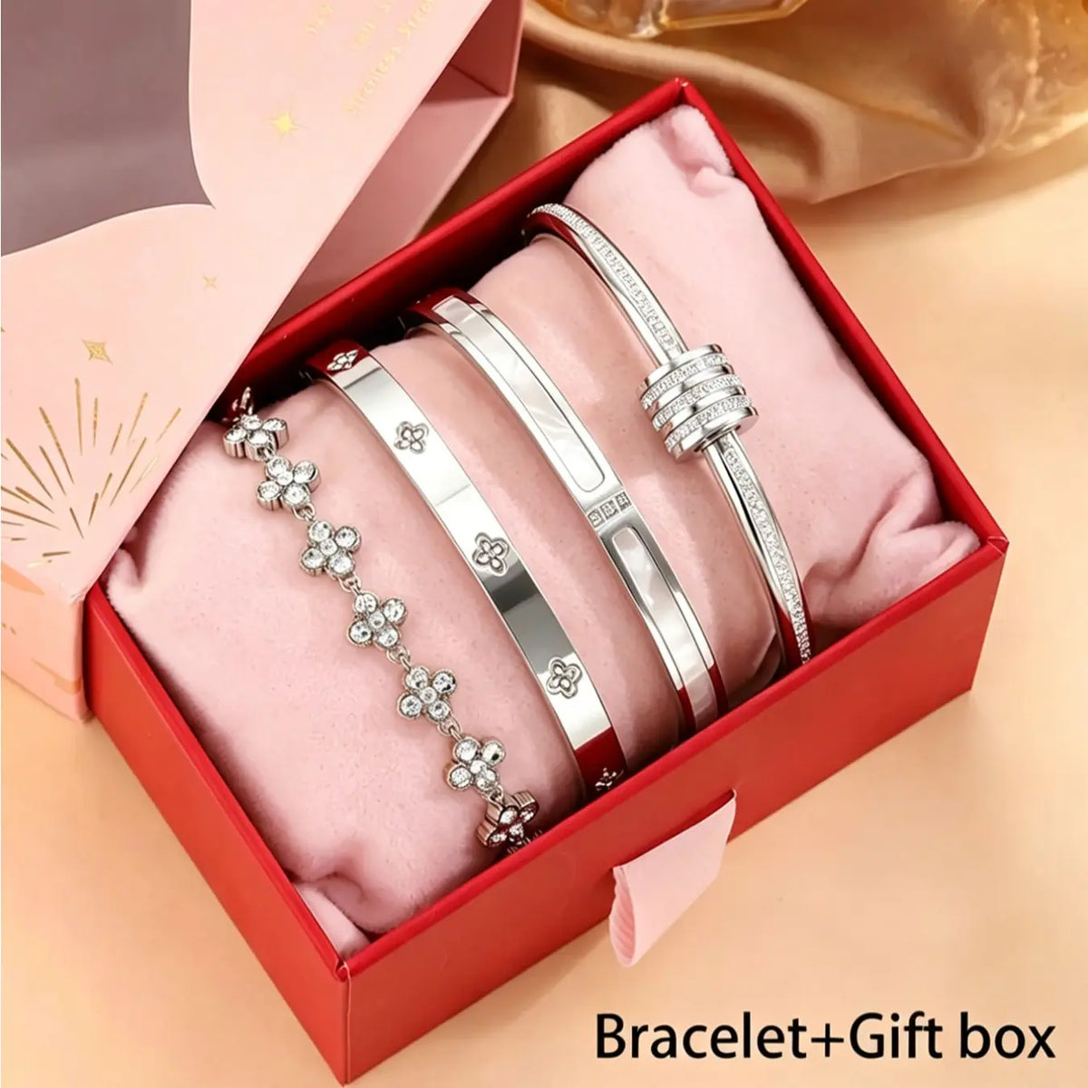4-piece stainless steel diamond bracelet with exquisite gift box, French elegant fashion style, very suitable for gift-giving and daily commuting, Set bracelet