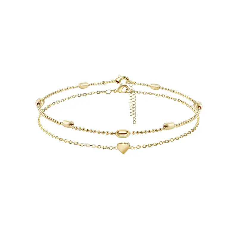 VENOCO Women's 2-Layered Gold Dainty Heart Charm Anklet, Elegant Everyday Foot Jewelry, Fashion Chic Ankle Bracelet, Summer Beach Gift Costume Jewelry for Women