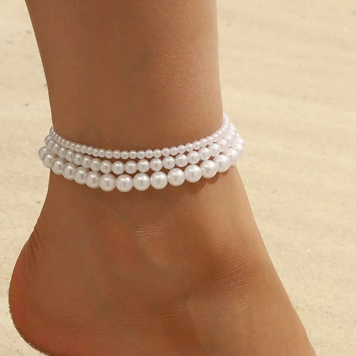 Women's Pearl Anklet Set, Elastic Design, Fashionable & Simple Style, Elegant Accessory, Perfect for Layering, Ideal Gift for Her