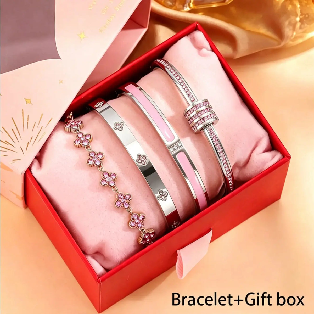 4-piece stainless steel diamond bracelet with exquisite gift box, French elegant fashion style, very suitable for gift-giving and daily commuting, Set bracelet