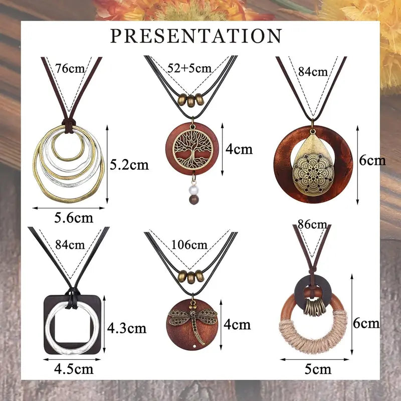FUNRUN 6Pcs Boho Layered Necklace Set • Vintage Wooden Long Pendant Necklace • Y2K Hippie Statement Jewelry for Women
