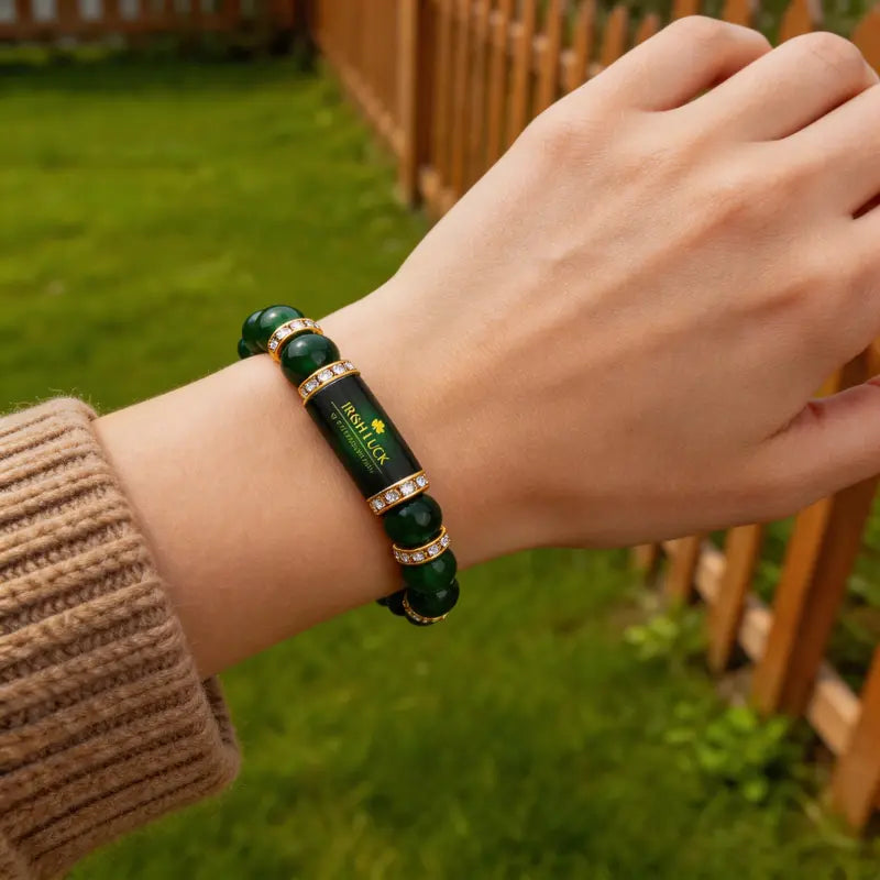Irish Luck St. Patrick's Day Bracelet | Green Agate Lucky Clover Beaded Bracelet with Rhinestones | Luck Bracelet - Attract Wealth, Abundance and Perfect Good Luck Gift for 2026!