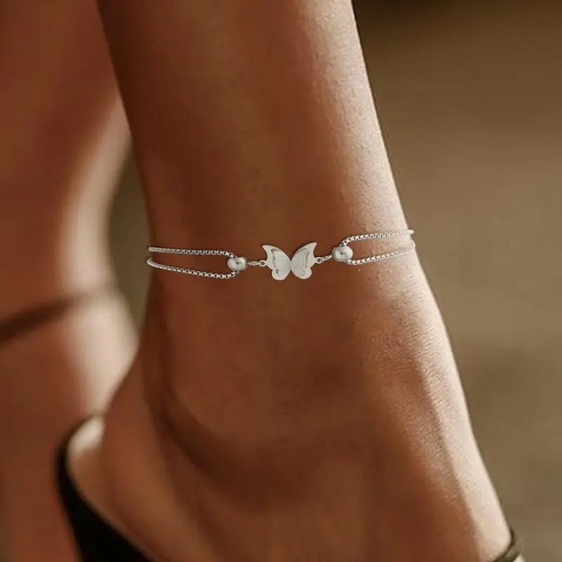 Hypoallergenic Stainless Steel - Women's Fashion Ankle Chain - Single Pack with Double Layer Butterfly Decoration - Classic Stylish Design in Golden and Silvery - Suitable for Daily Shopping or Parties