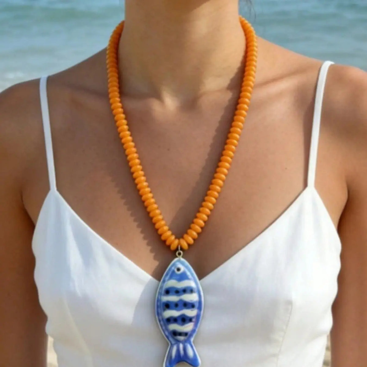 ZA Women's Handpainted Fish Pendant Beaded Necklace, Boho Necklaces, Multicolor Bohemian Ocean Style, Summer Beach.