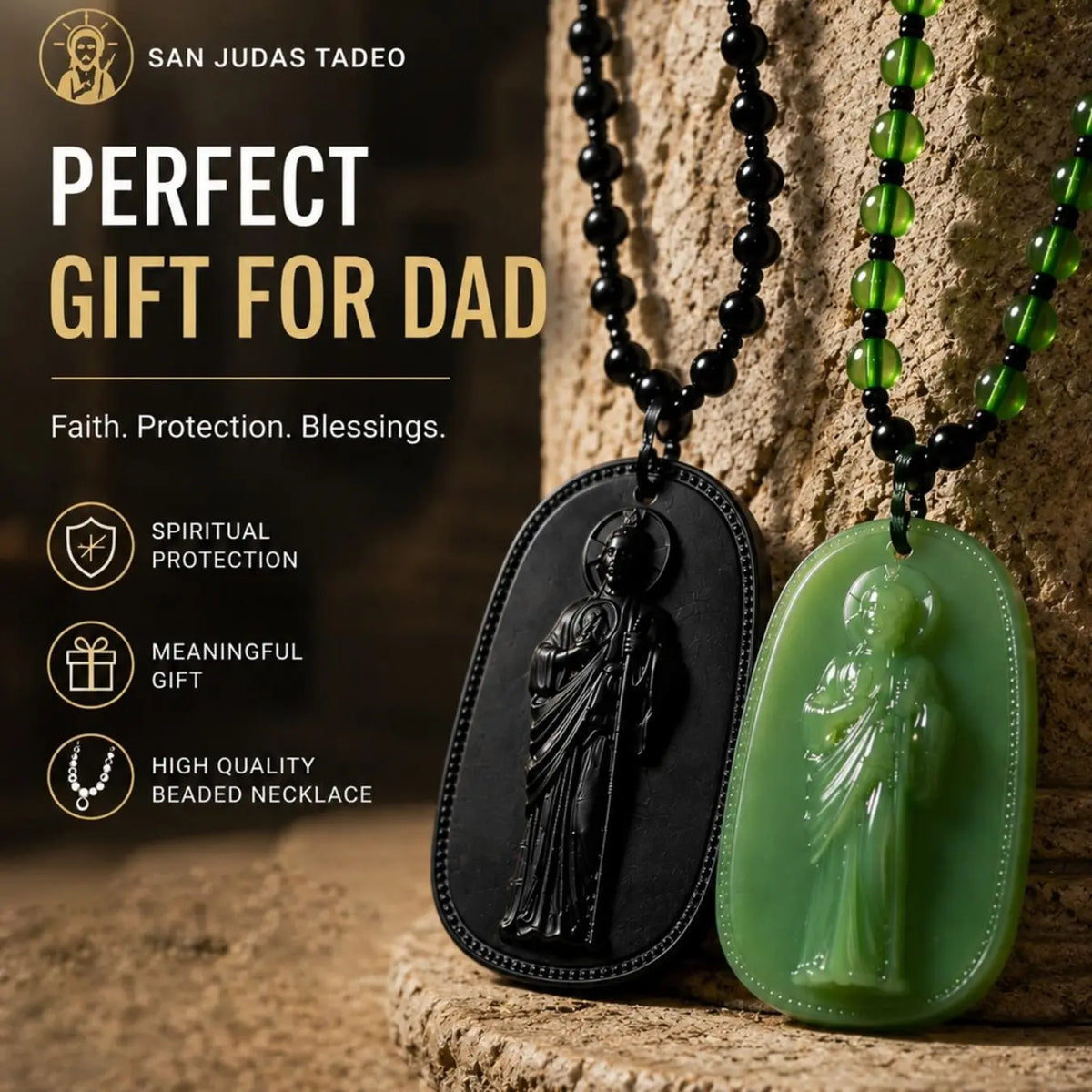 Saint Jude Pendant Necklace, Vintage Guardian Figure Carving Pendant, Gothic Atmosphere Beaded Necklace, Catholic Christian Religious Jewelry，San Judas Tadeo, Collar San Judas, Men's Necklace，Pendants of Jesus and Our Lady of Guadalupe, Catholic