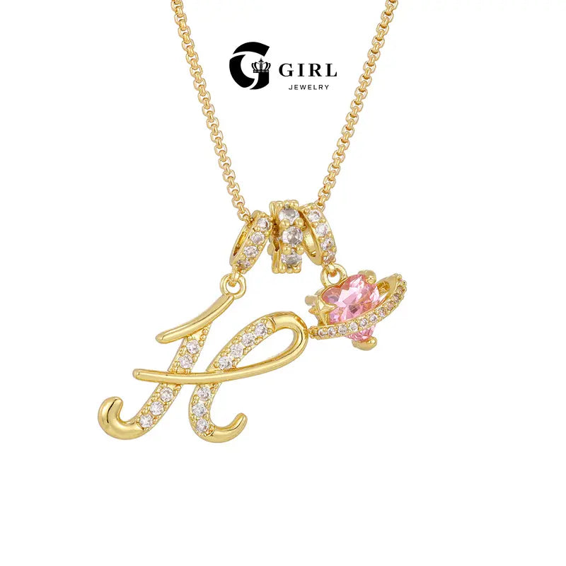 GGIRL Dopamine Alphabet Initial Necklace - 26 English Letter Pendants, Pink Holiday Heart Design, Colorful Initial Necklaces, Fashionable Accessory, Cute Girly Trendy Teen Gifts