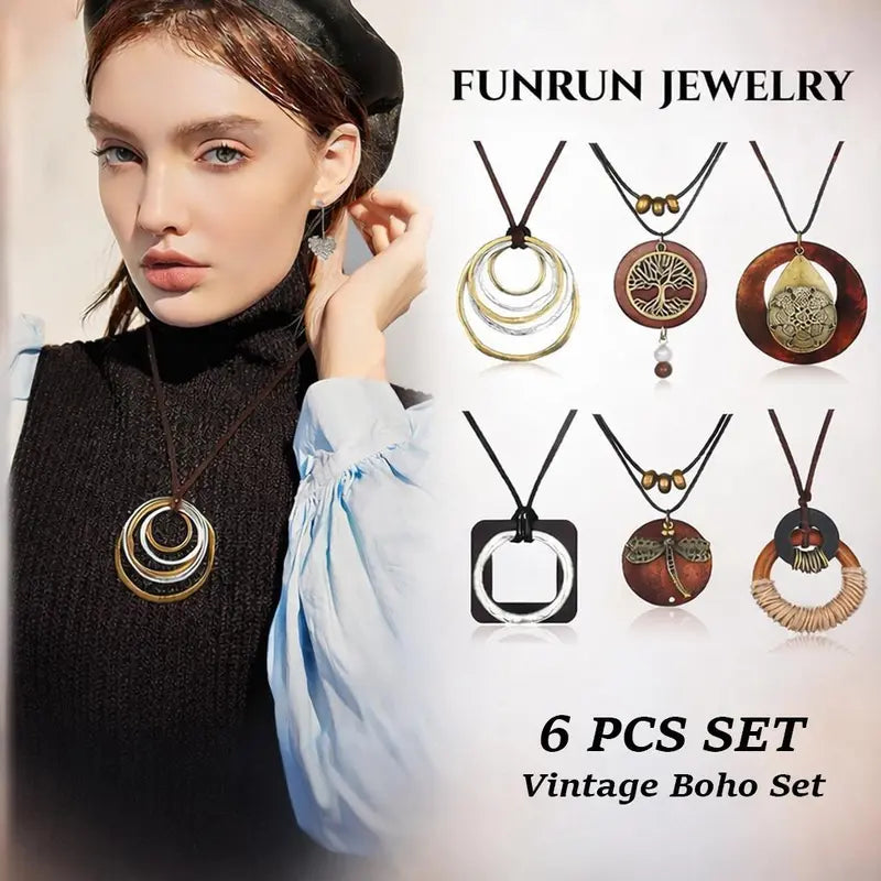 FUNRUN 6Pcs Boho Layered Necklace Set • Vintage Wooden Long Pendant Necklace • Y2K Hippie Statement Jewelry for Women