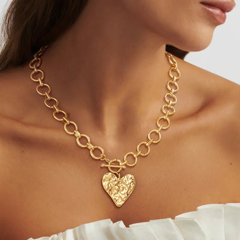 Tewiky Gold Paperclip O-Link Chain Hammered Heart Pendant OT Clasp Necklace for Women For Valentine's Day Gift Chic Gorgeous Jewelry Back To School